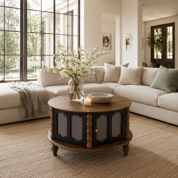 Ciphrias Round Storage Coffee Table 32 Inch Walnut Wood Veneer Three Door for Living Room