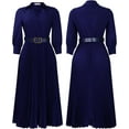 thumbnail image 3 of Women's V-Neck Waisted Pleated Seven-Part Sleeve Solid Color Belted Dress, 3 of 11