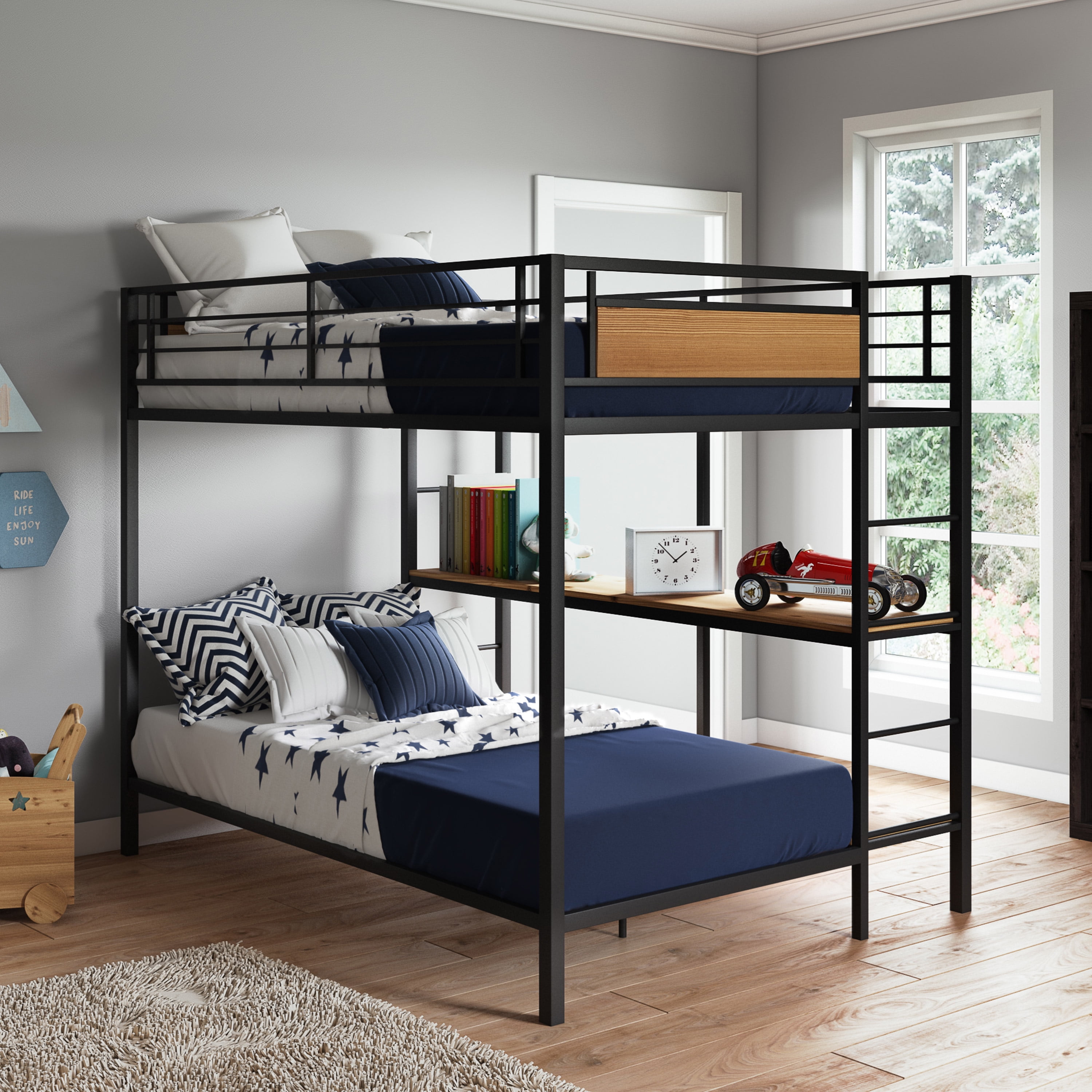 bunk beds with bookshelves