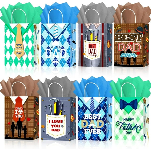 HOWAF 12 Pieces Father's Day Gift Bags with Tissue Paper Happy Fathers Day Paper Bag Fathers Day Gift Wrap Bags with Handle for Men Father's Day Birthday Party Decor Favor