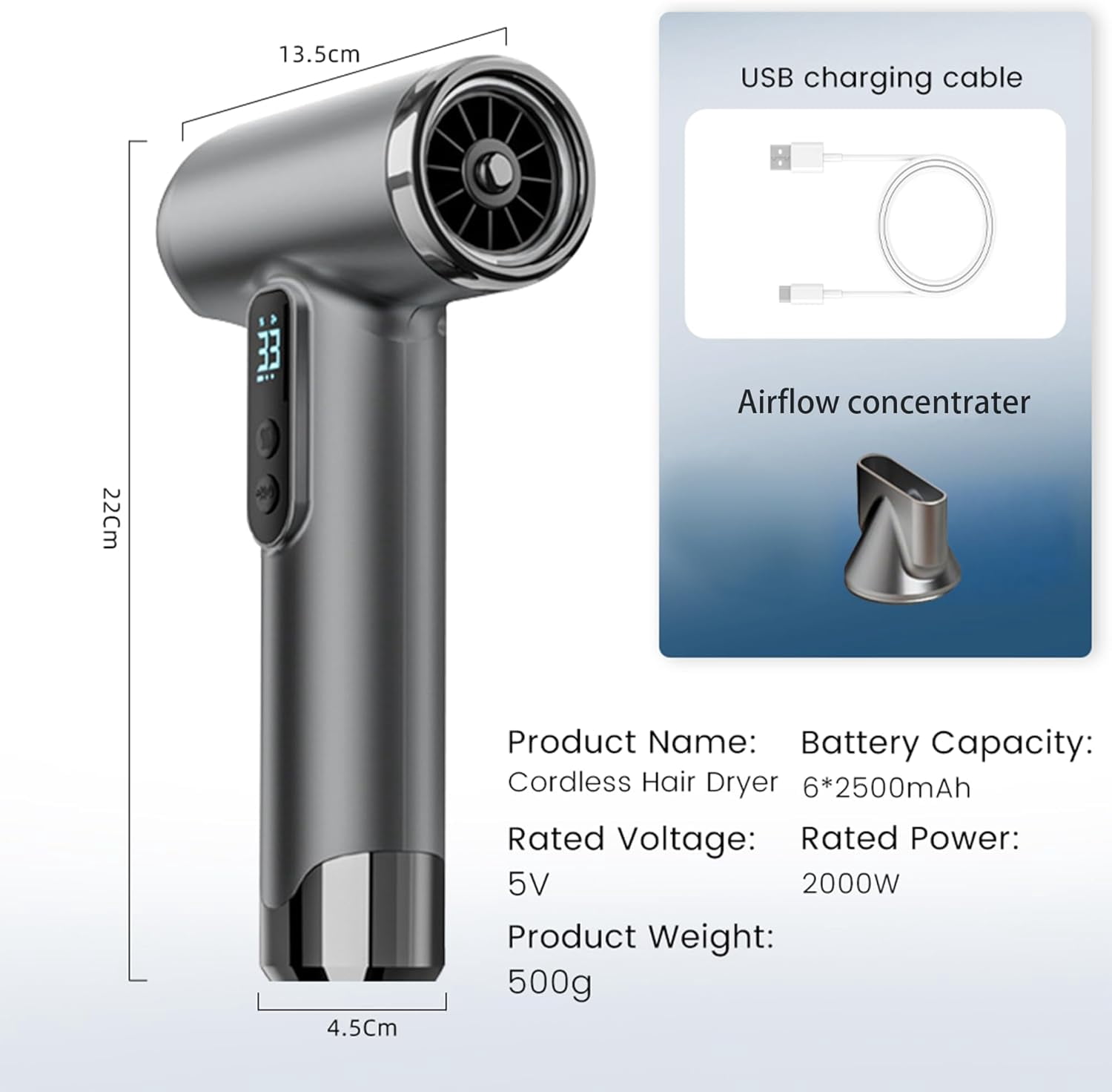 Cordless Rechargeable Hair Dryer, 15000mAh Battery Operated,USB Portable Blow Dryer，3 Adjustable Hot and Cold Air Settings, Used for Travel, Camping, and RV.