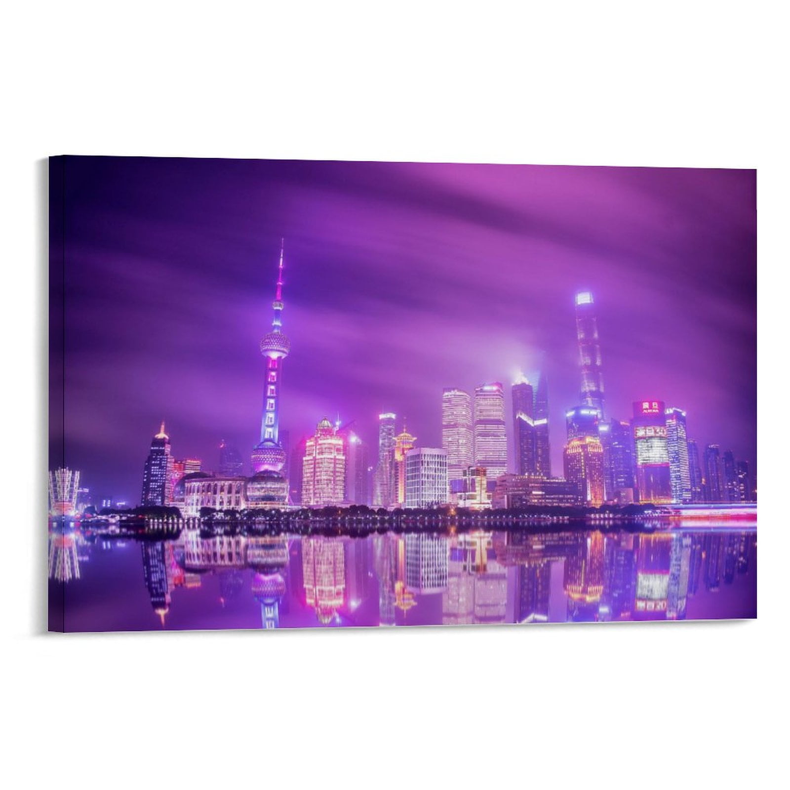 ShangHai City Night View Unframed Canvas Wall Decor, Horizontal Version