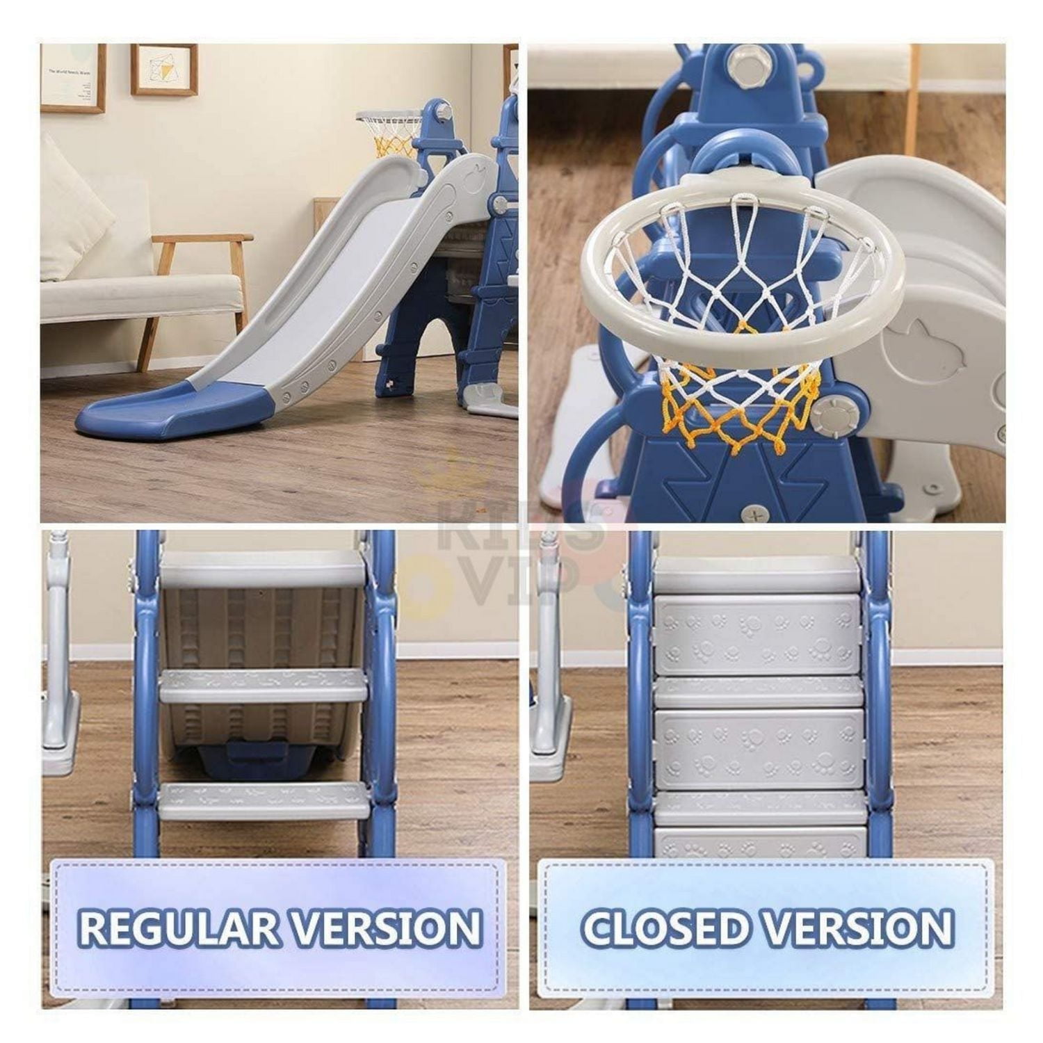 KidsVIP Luxury 5 in 1 Castle Edition Playset Toddlers and Baby Slide with Full Step, Swing, Basket Ball Net- Blue