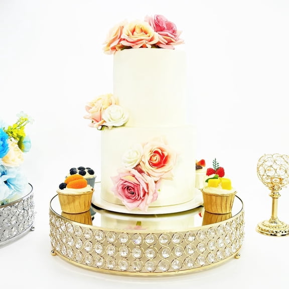 Metal Cake Stand with Mirror Top Plate Beaded  Display Cake Pedestal,Baking Party Supplies Centerpiece,Gold 16 Inch