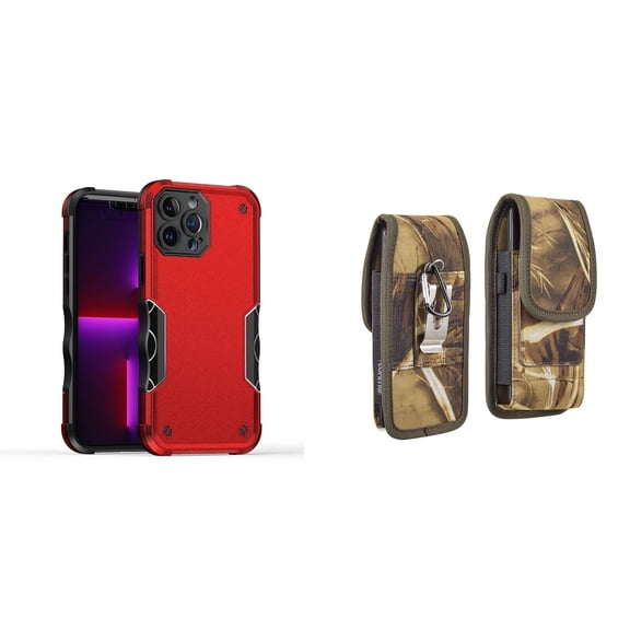 Case with Belt Holster Bundle for iPhone 14 Pro Max: Slim EX Hybrid Series Shockproof Case (Red) and Vertical Rugged Nylon Phone Pouch (Camo)