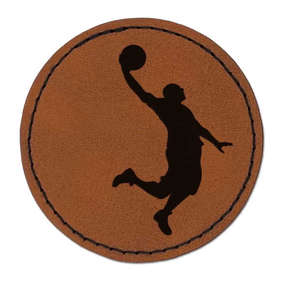 Basketball Player Slam Dunk Sports 2.5" Faux Leather Round Engraved Iron-On Patch - Brown