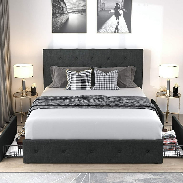 Allewie King Size Bed Frame with 4 Storage Drawers and Button Tufted &  Wingback Headboard, Dark Grey