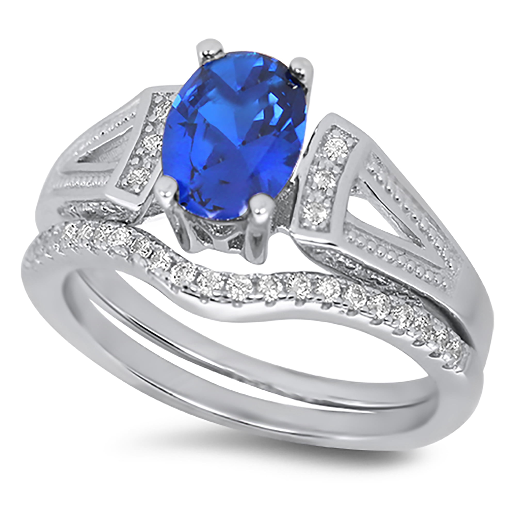 LaRaso & Co Sterling Silver 1 Carat Blue Sapphire CZ Wedding Engagement Ring Set for Women 7
