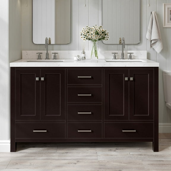 ARIEL Cambridge 60 Inch Espresso Bathroom Vanity Double Sink, Solid Wood, Carrara White Quartz Countertop, 1.5-Inch Edge, Rectangular Undermount Sinks, 4 Soft Closing Doors, 6 Drawers