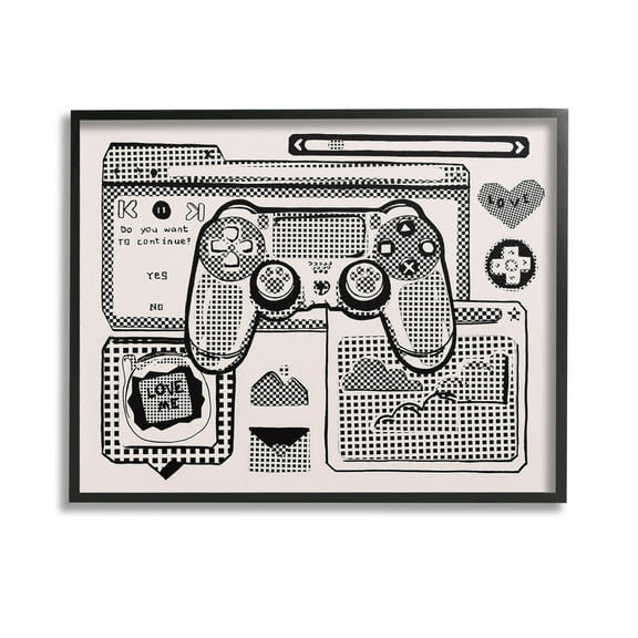 Stupell Industries Retro Gamer Collage Typography Painting Black Framed Art Print Wall Art, 14 x 11