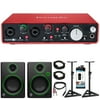 Focusrite Scarlett 2i4 USB Audio Interface (2nd Gen) + Mackie CR Series CR3 Multimedia Monitors (Pair) + 2x Deco Mount PA Speaker Stand + 2x Monoprice XLR 10' Male to Female Cable + More