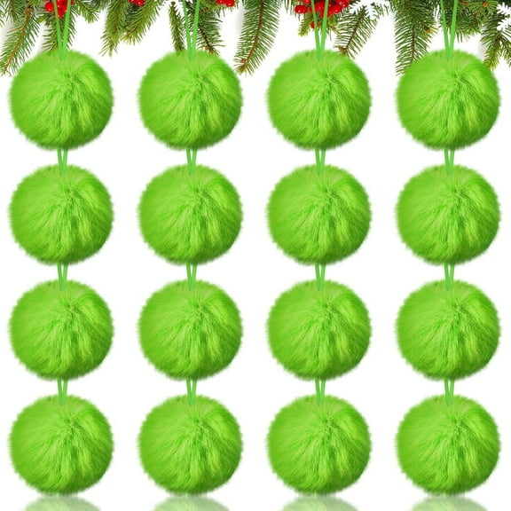 Lime Green Furry Christmas Ball Ornaments,Furry Elf Ornaments for Tree, Green Christmas Hanging Decorations ,Soft Faux Fur Pom Pom Ball Ornaments for Christmas Party Tree Home Supplies 16 Pcs