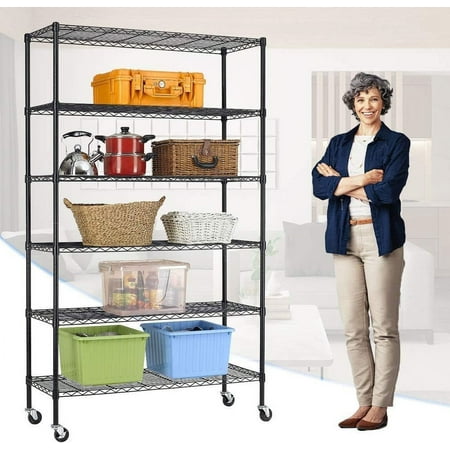 6 Tier Garage Shelving Heavy Duty 2100LBS Wire Metal Storage Shelves w/Height Adjustable Storage Rack & Casters, NSF Certified Shelving Unit 82"x48"x18", Black