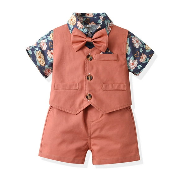 XUELUO Toddler Boys Casual Outfit Sets Short Sleeve Floral Prints T Shirt Tops Vest Coat Shorts Child Kids Gentleman Outfits Clothing Activewear