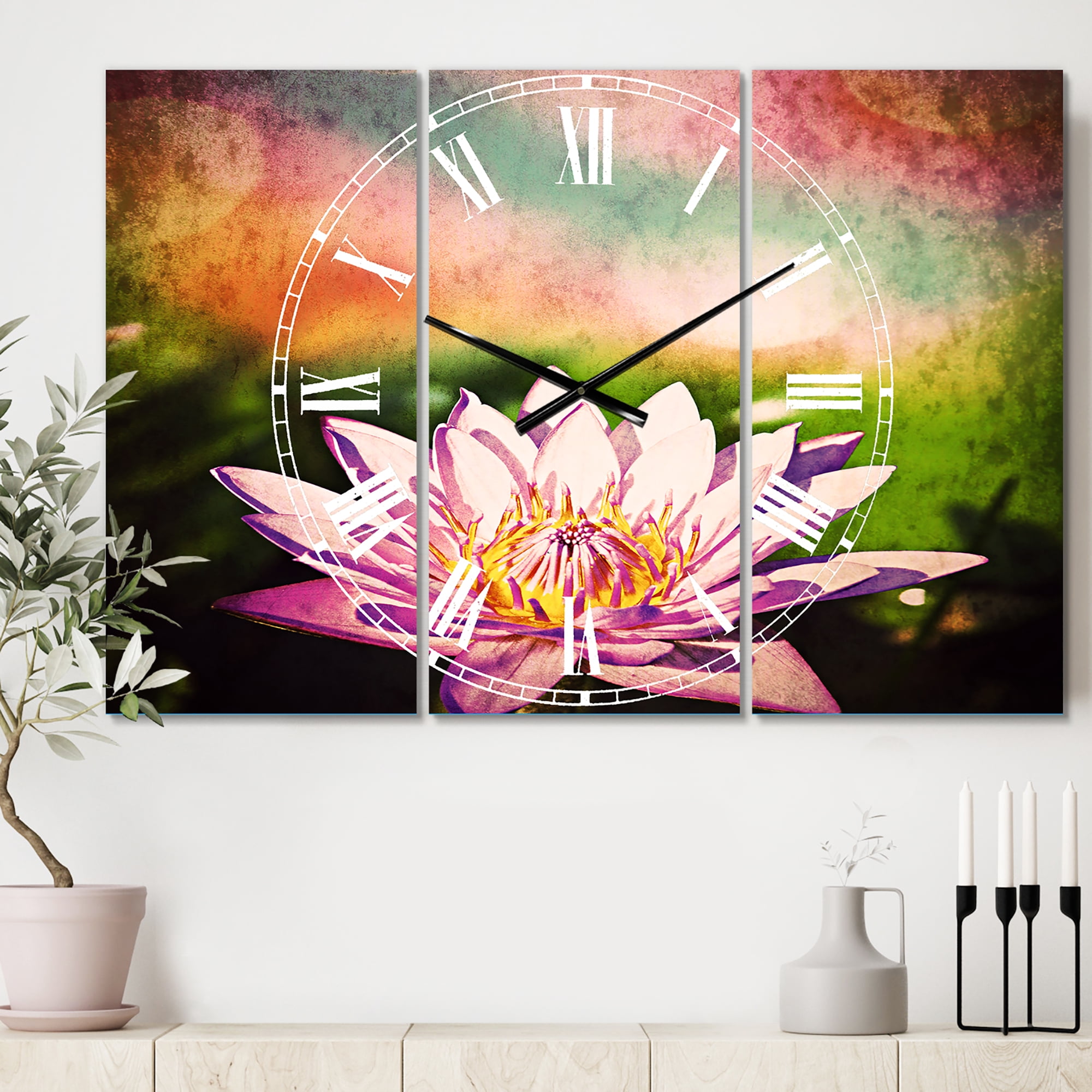 Designart 'Purple Lotus on Abstract Background' Traditional Wall Clock