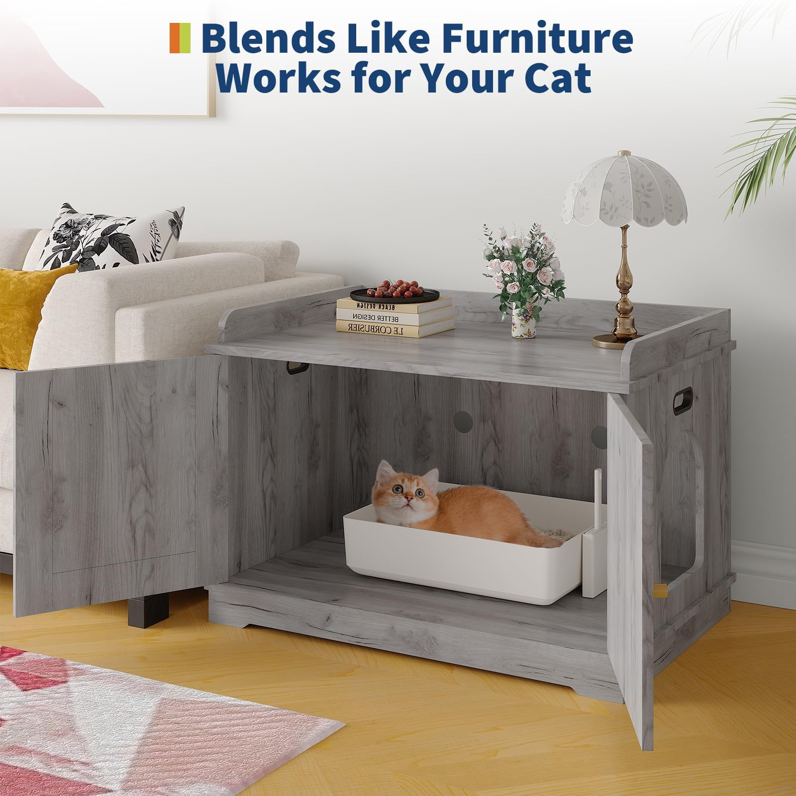 31" Cat Litter Box Enclosure, Hidden Litter Box with Side Door, Sun Perch and Barn Door, Cat Bathroom Privacy House for All Kinds of Cats