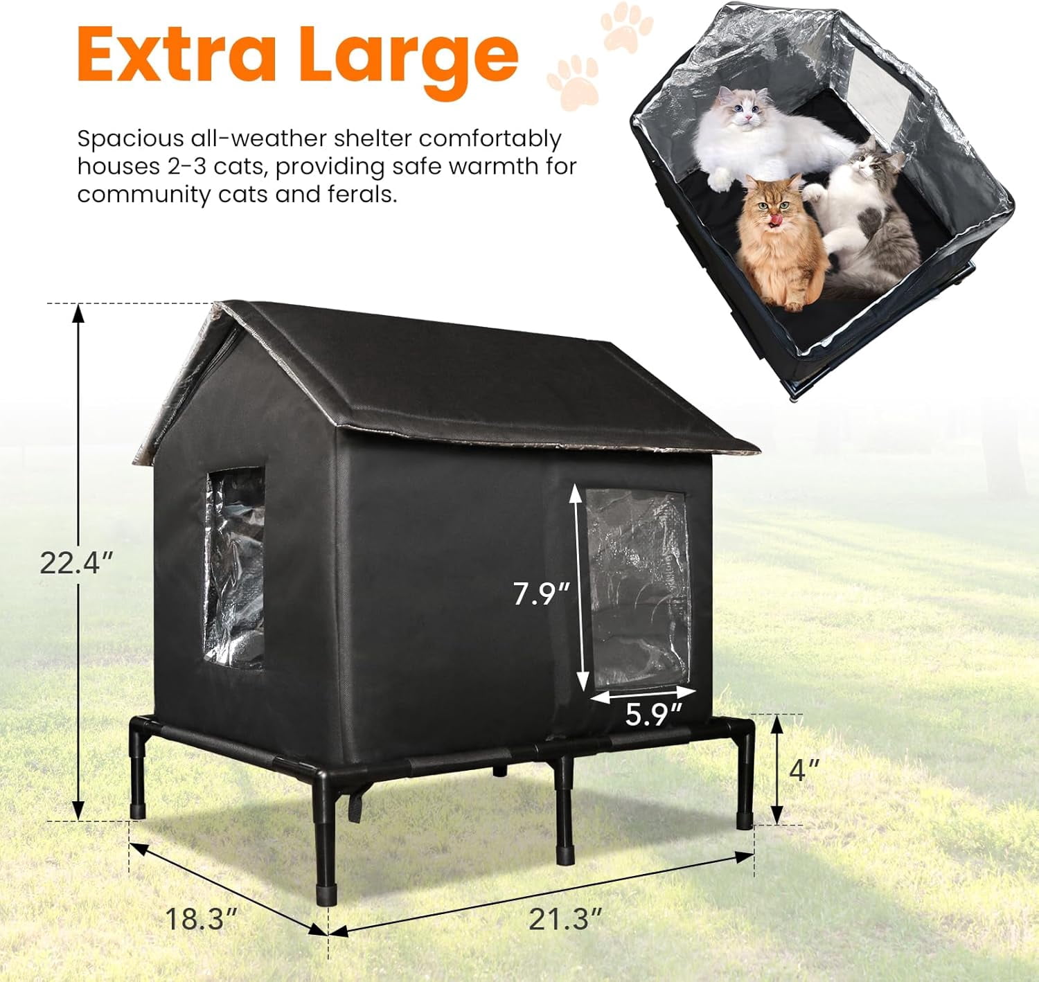 Outdoor Cat House for Feral Cats, Extra Large Insulated Stray Cat Shelter, Weatherproof Elevated Outside Cat and Dog House, Waterproof Cat Tent Pet House for Winter and Summer