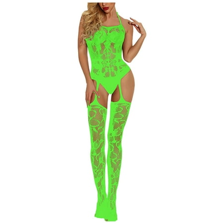 Tao Tao Womens Fishnet Bodystocking Plus Size Crotchless Bodysuit Fashion Tights Soft Nightwear Lingerie Green One Size