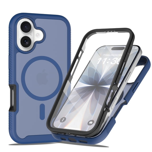 ShellTech Magnetic Case for iPhone 17,Shockproof TPU PC Case Built-in Screen Protector Compatible with Mag Safe Full Body Protection Matte Translucent Back Cover,Blue