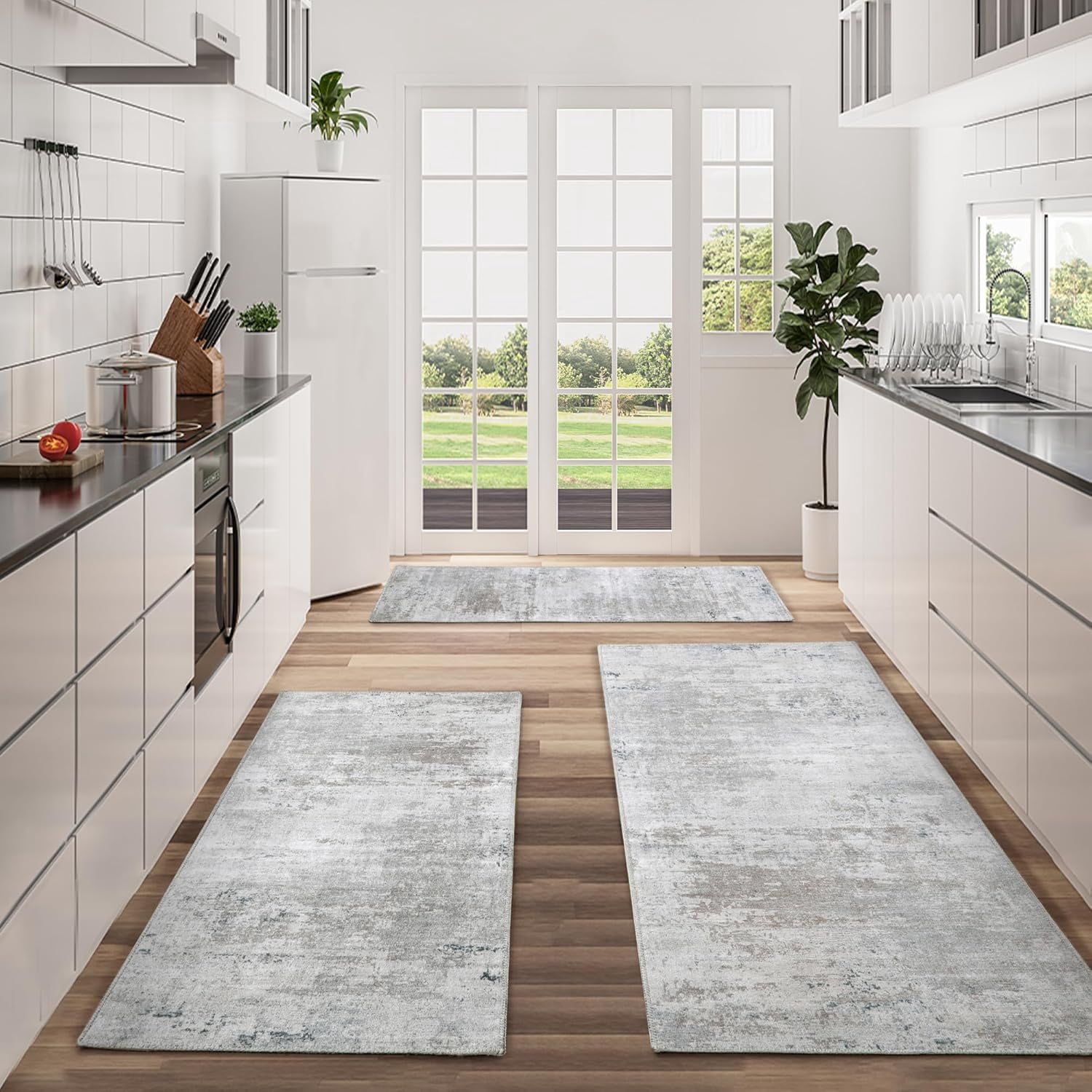Washable Non Slip Kitchen Rugs Set of 3,Modern Abstract 3 Piece Kitchen Mats for Floor,Absorbent Carpet for Kitchen,Soft Low Pile Kitchen Runner Rug for Sink,Laundry,Washroom,Brown