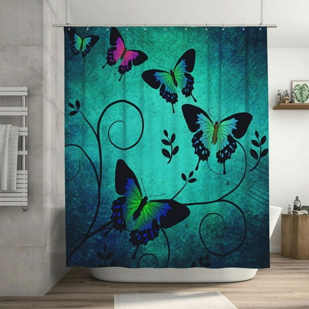 Vintage Butterflies Pattern Shower Curtain with 12 Hooks, Blue Animals Texture Waterproof Bath