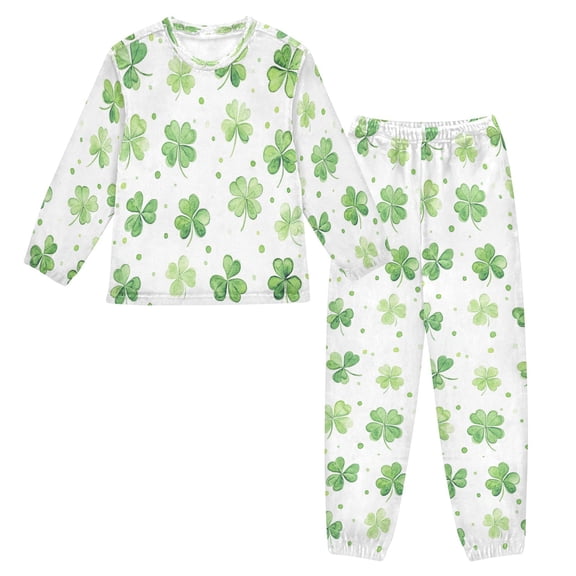 Fluffy Pajamas Set Fuzzy Winter Warm Pj Sets Pullover Tops and Long Pants Green Shamrock Leaves X-Small