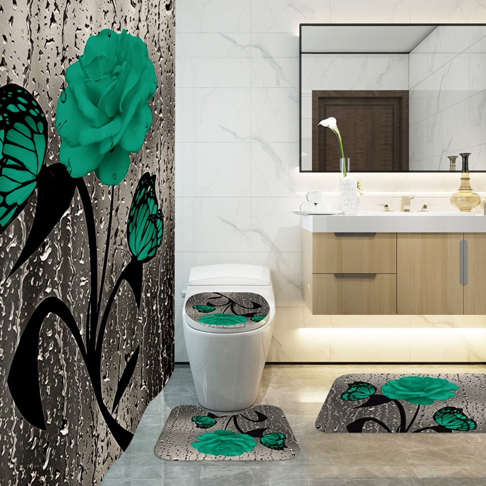 4 Pcs Bathroom Shower Curtain Set Green Rose Shower Curtain Bathroom Sets Valentine's Day Shower Curtain Sets with Rugs(Bath Mat,U Shape and Toilet Lid Cover Mat) and 12 Hooks