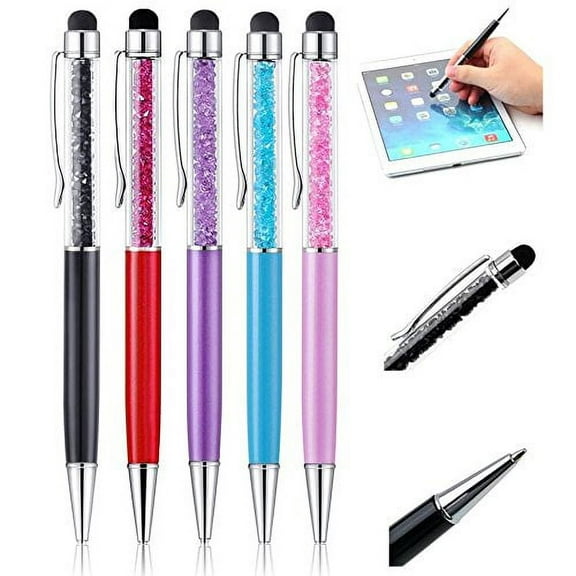 Stylus Pen 5 pcs, 2-in-1 Universal Touch Screen Stylus   Ballpoint Pen w/ Sparking Crystals For Smartphones Tablets iPad iPhone Samsung etc