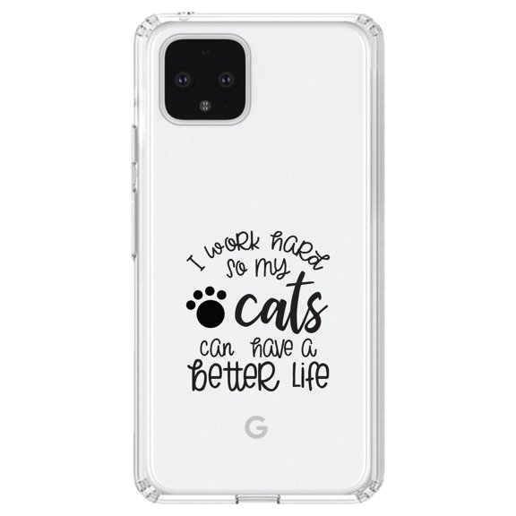 DistinctInk Clear Shockproof Hybrid Case for Google Pixel 4 XL (6.3" Screen) - TPU Bumper Acrylic Back Tempered Glass Screen Protector - I Work Hard So My Cats Can Have a Better Life