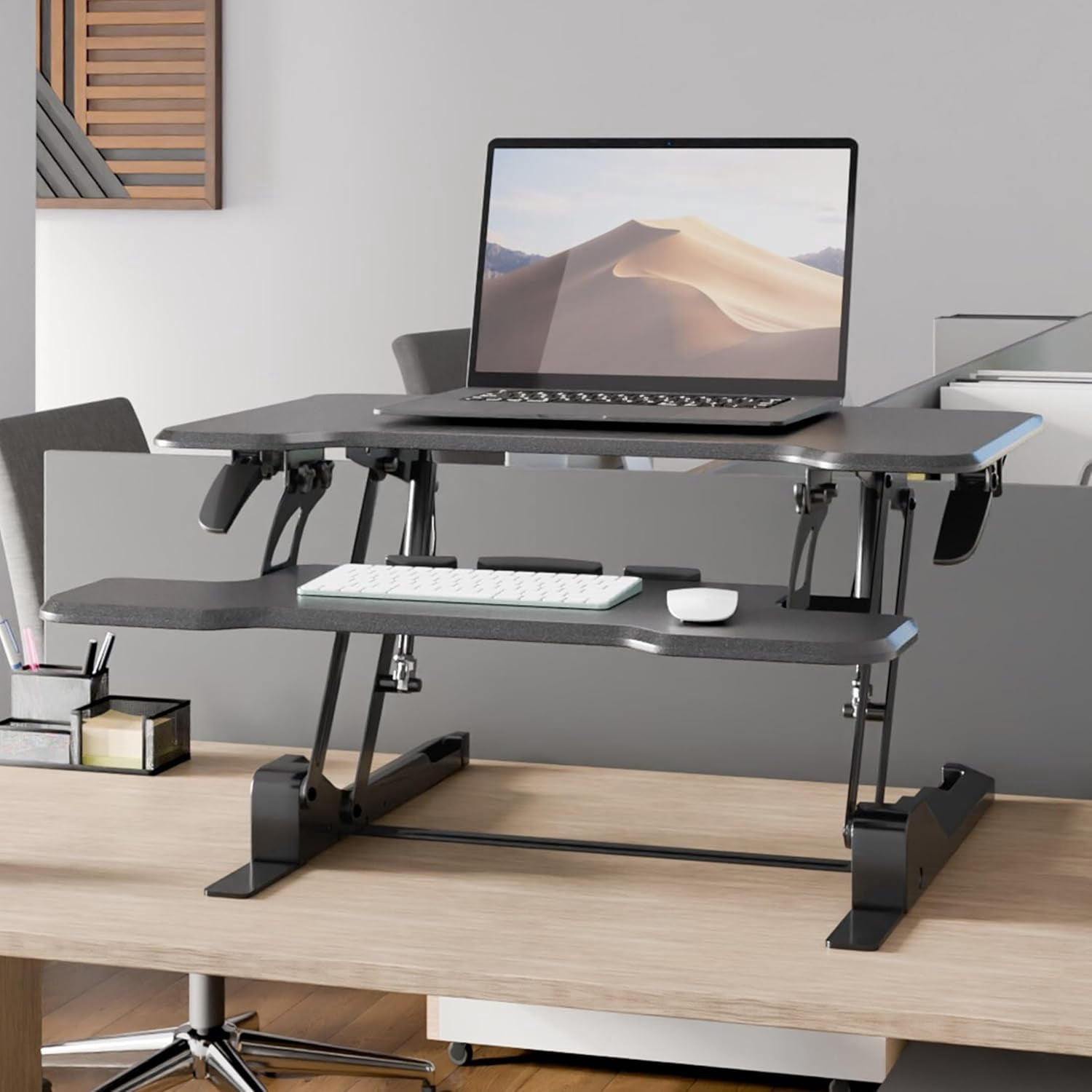 AINUO Height Adjustable Standing Desk Converter, 30 Inch Wide Gas Spring Compact Tabletop Standing Desk Riser, Black Stand Up Desktop Desk with Keyboard Tray for Monitor and Laptop Home Office Use