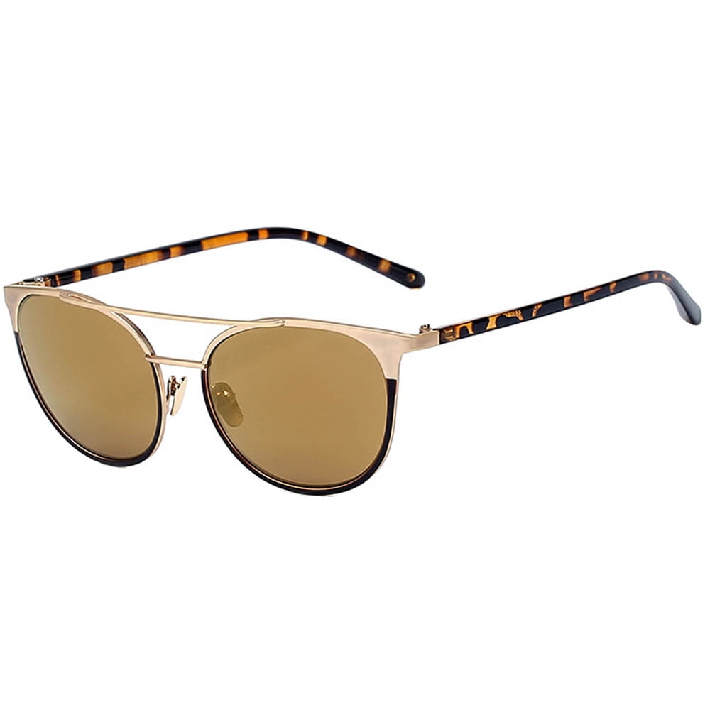Designer Cat Eye Sunglasses Gold Frame / Brown Mirror Lens / Leopard Arm