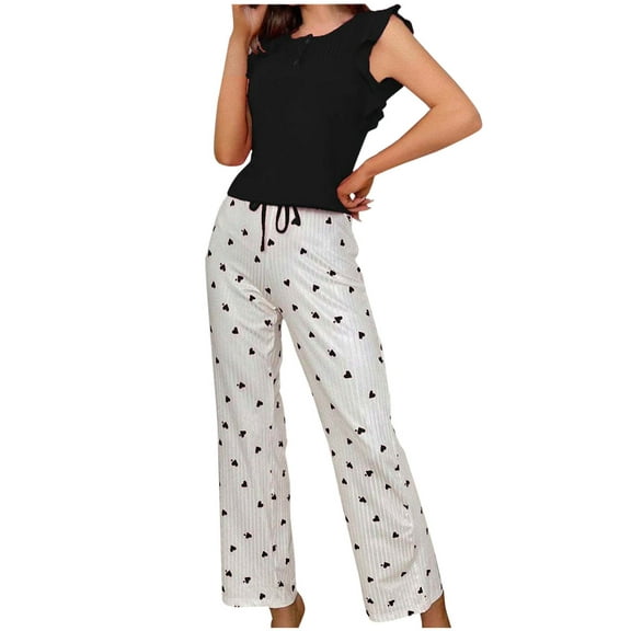 qolati Pajamas for Women Set 2 Piece Pjs Outfits Soft Ruffle Cap Sleeve Sleepwear Love Print Wide Leg Pants Ladies Lounge Sets