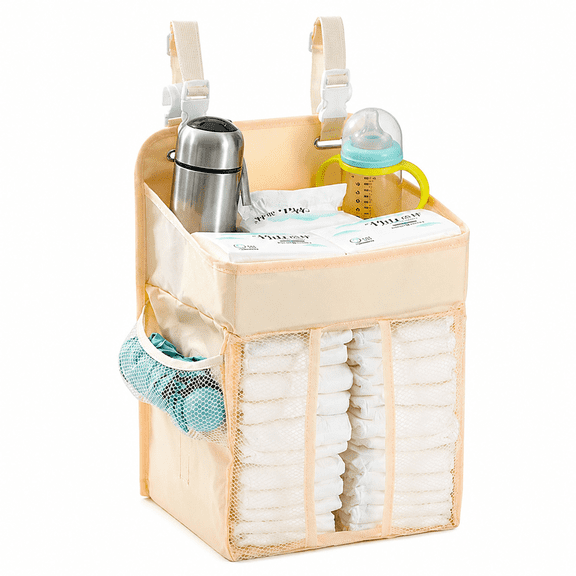 Hanging Diaper Stacker Organizer, Multi-Pocket Baby Essentials Storage Caddy for Crib, Play Yard & Changing Table, Nursery Diaper Holder for Wipes Bottles Toys