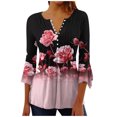 thumbnail image 4 of Blusa informal con botones estampados y plisados de plástico para mujer, manga 3/4, manga corta y cuello de cuerno., 4 of 4