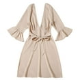 thumbnail image 3 of VEKDONE Women's Deep V Neck Dress 3/4 Ruffle Sleeve Midi Dress Solid Color Loose Fit Tunic Casual Dresses Knee Length Vacation Beach Dress Khaki XL, 3 of 8