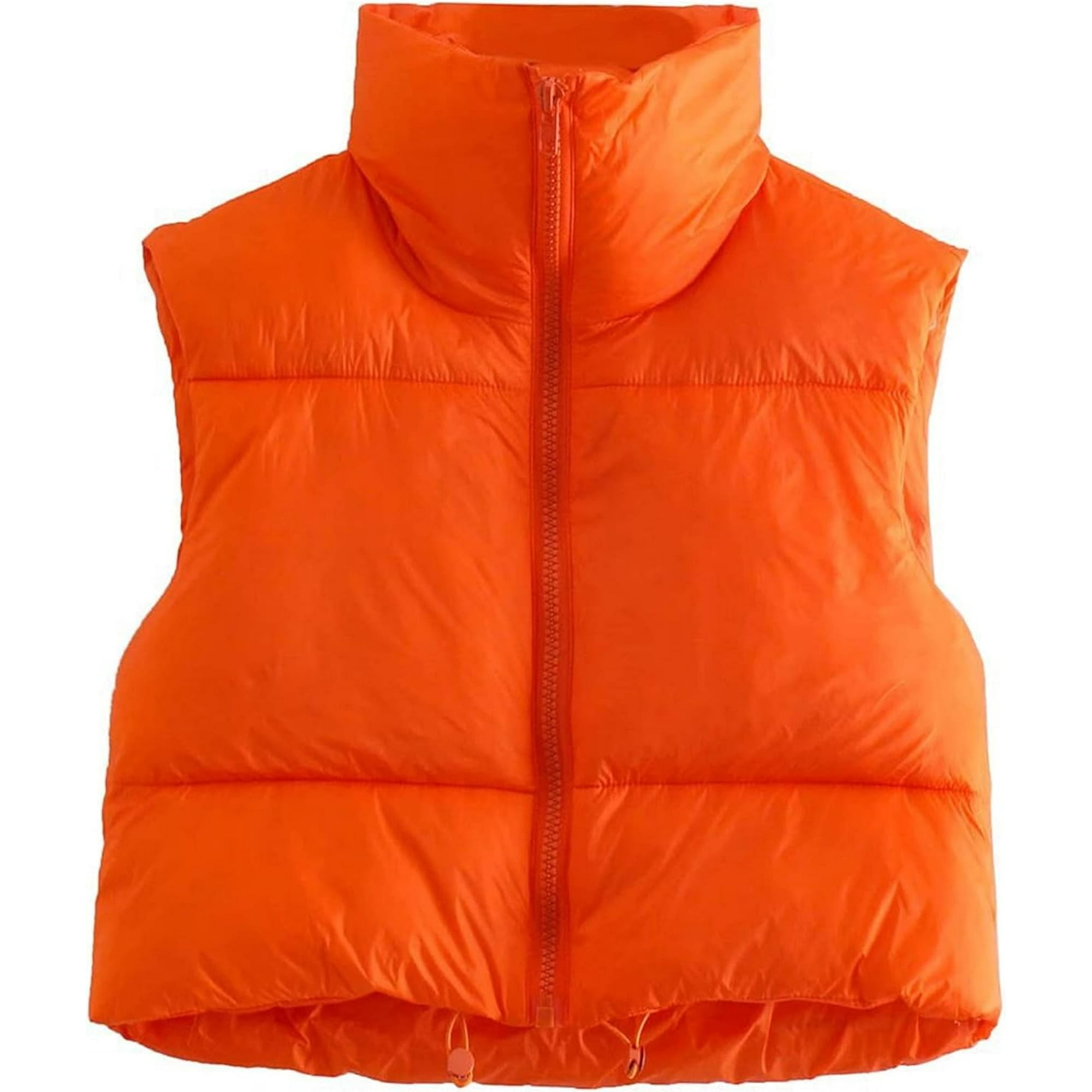 lisan Womens Cropped Puffer Vest Zip Up Stand Collar Sleeveless Padded Crop Vests Orange Large