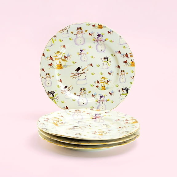 Grace Teaware 8" Holiday Snowman Fine Porcelain Dessert Plates Set of 4