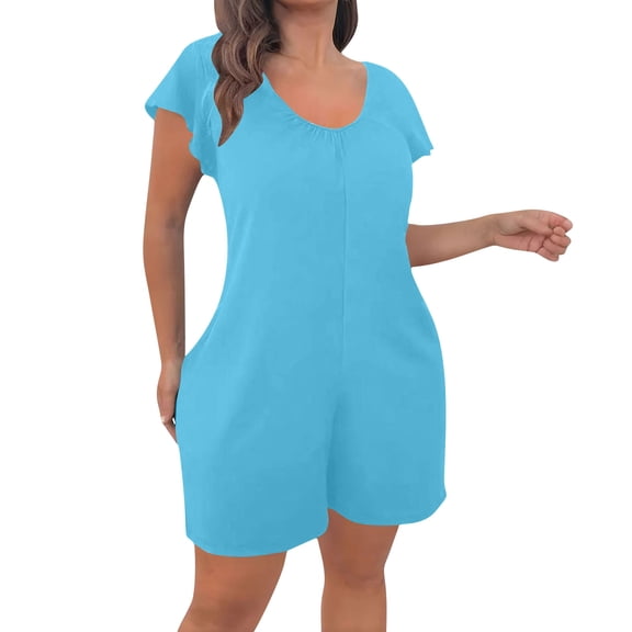 Plus Size Rompers for Women Summer Casual Loose Short Sleeve Crewneck Shorts Overalls Jumpsuit with Pockets (XL, Sky Blue)