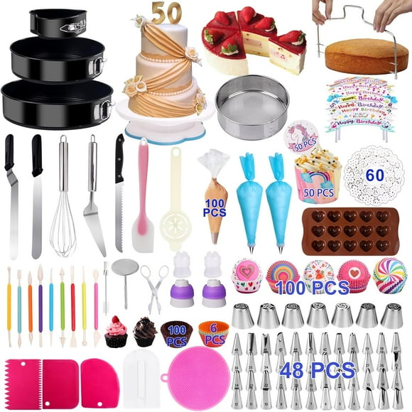 Ensemble de Décoration de Gâteaux 567 Pcs, Fournitures de Pâtisserie avec Ensemble de 3 Moules à Charnière, Fournitures de Décoration de Gâteaux Plateau Tournant Rotatif, Outils de Décoration, Ensemble de Fournitures de Cuisson de Gâteaux pour Débutants et Amateurs de Gâteaux (G Need )