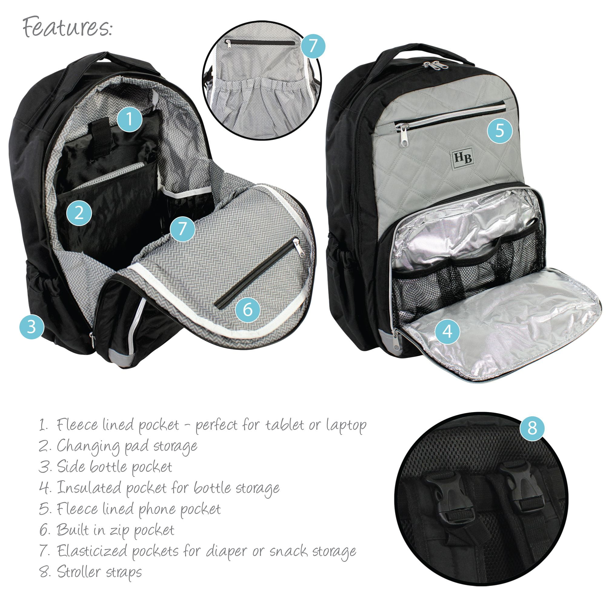 Hudson Baby Premium Diaper Bag Backpack and Changing Pad, Black Gray, One Size