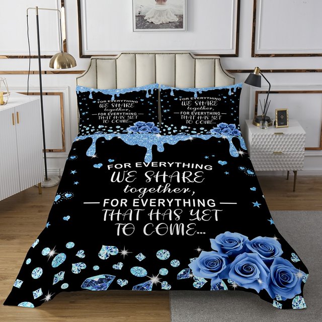 Erosebridal Romantic Valentines Coverlet Set Twin, Chic Rose Bedding Set, Black, Blue
