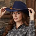 thumbnail image 6 of RUINIXCW Western Cowboy Cowgirl Hat for Women Men Wide Brim Pentagram Leather Belt Fedora Hat Wool Felt Vintage Jazz Hats, 6 of 7
