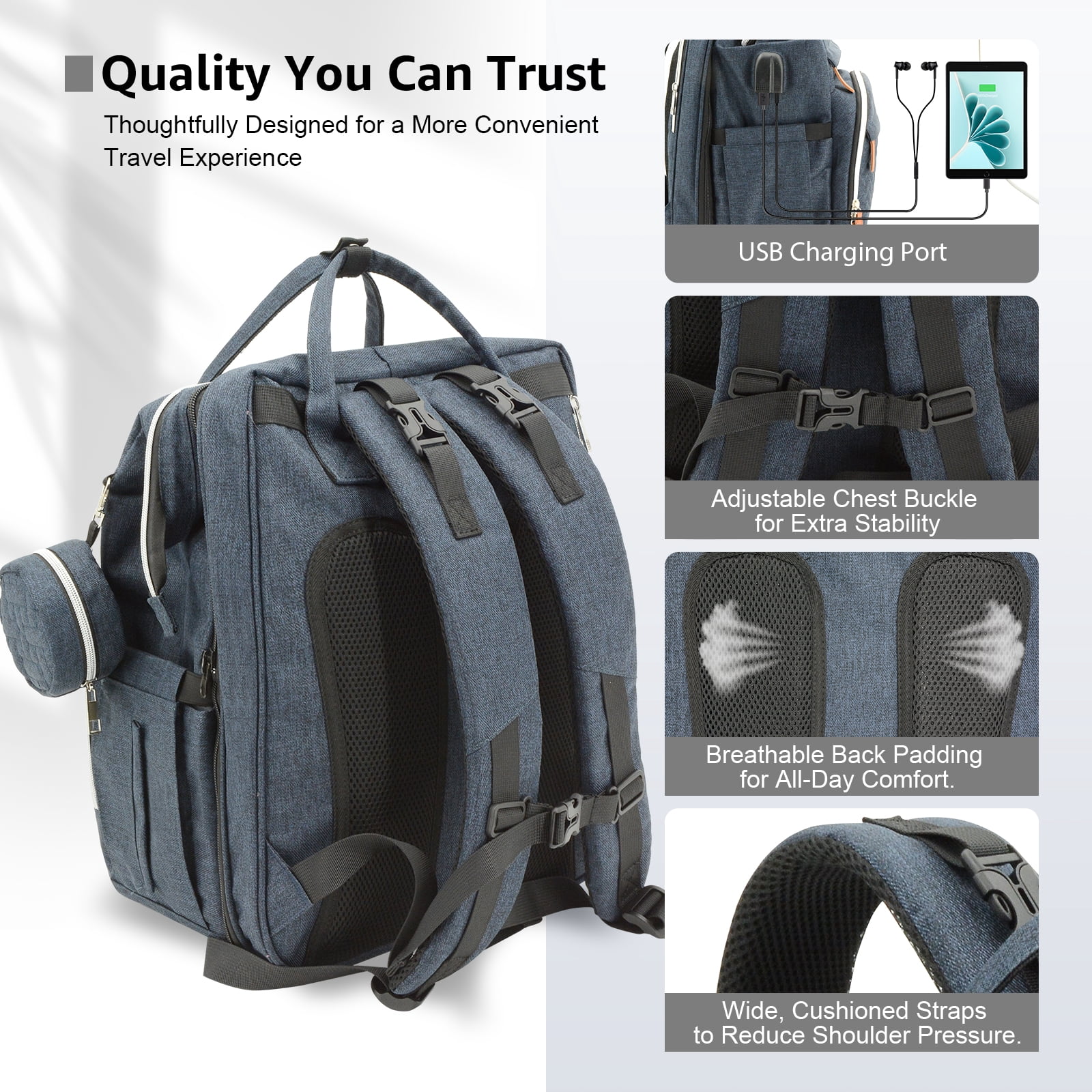 DERSTUEWE Diaper Bag Backpack with Changing Station, Multifunctional Waterproof Portable Baby Bag for Travel– Large Capacity, Blue