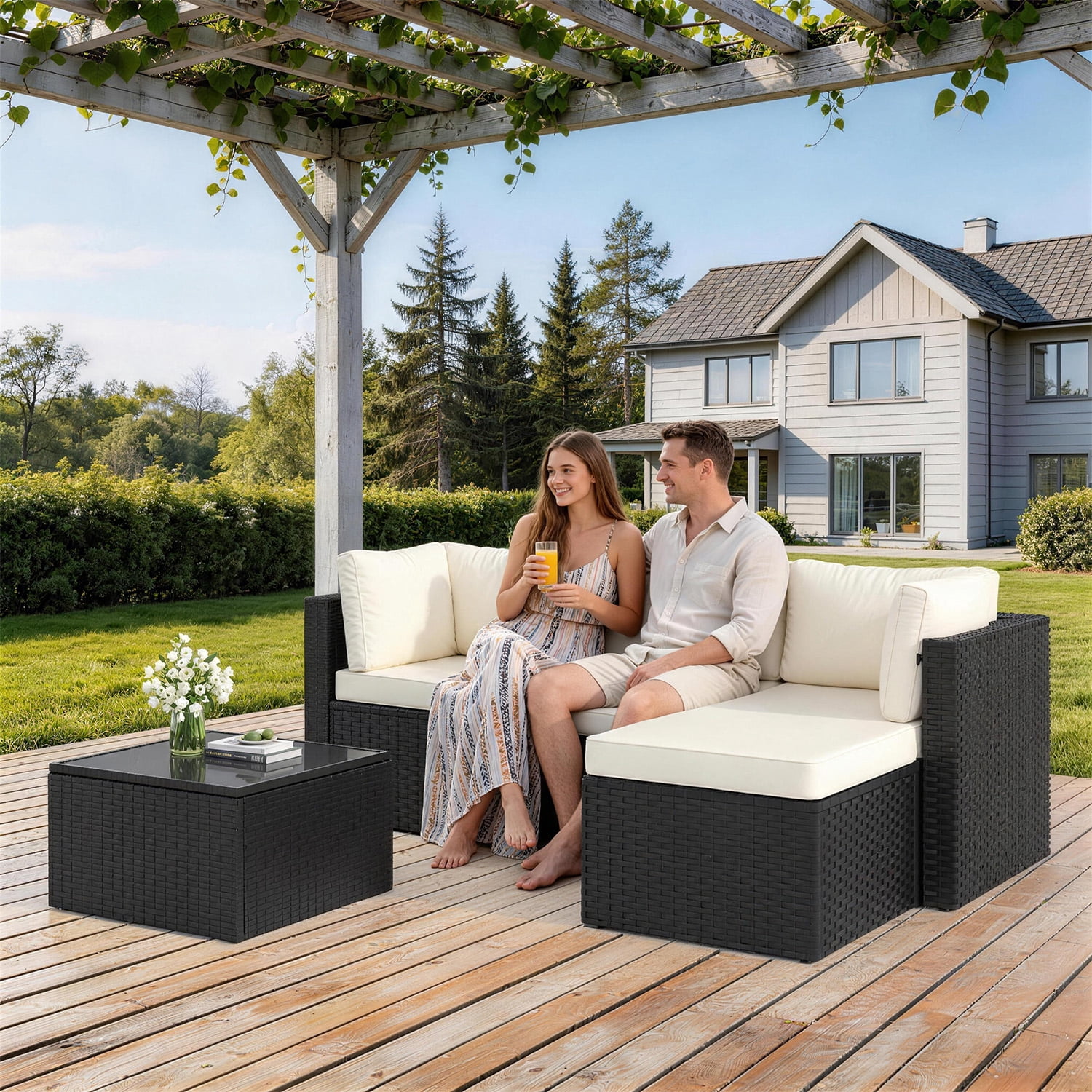 Clouddwell 5 Pieces Patio Furniture Set, All-Weather Wicker Rattan Patio Sectional Sofa Set with Coffee Table (Off-White)