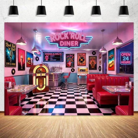 50s Retro Diner Backdrop, 1950s Vintage Fast Food Restaurant Rockin Dinner Party Background Neon Sign Rock Theme Birthday Party Photo Booth Decor, 5x3ft