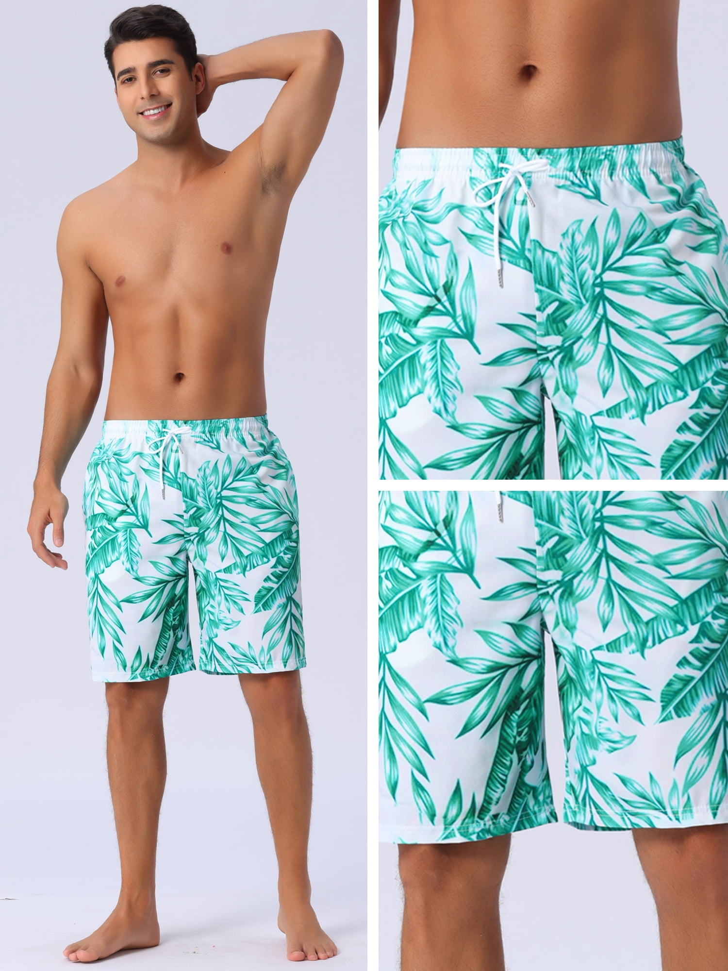 DARING DIVA Men's Floral Print Elastic Waist Drawstring Hawaiian Beach Swim Shorts 38 Green White