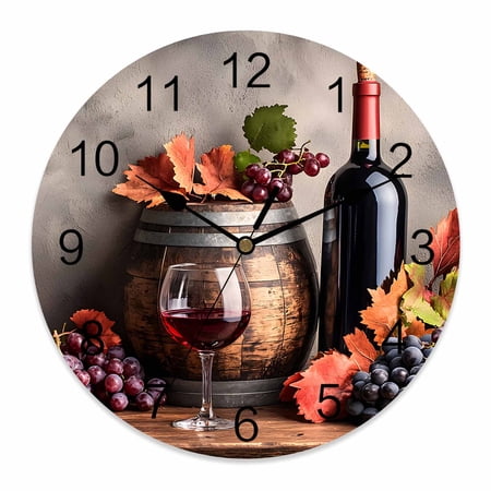 14 Inch Grape Wine Wall Clock, Barrel Maple Leaf Vintage Country Battery Operated Silent Non