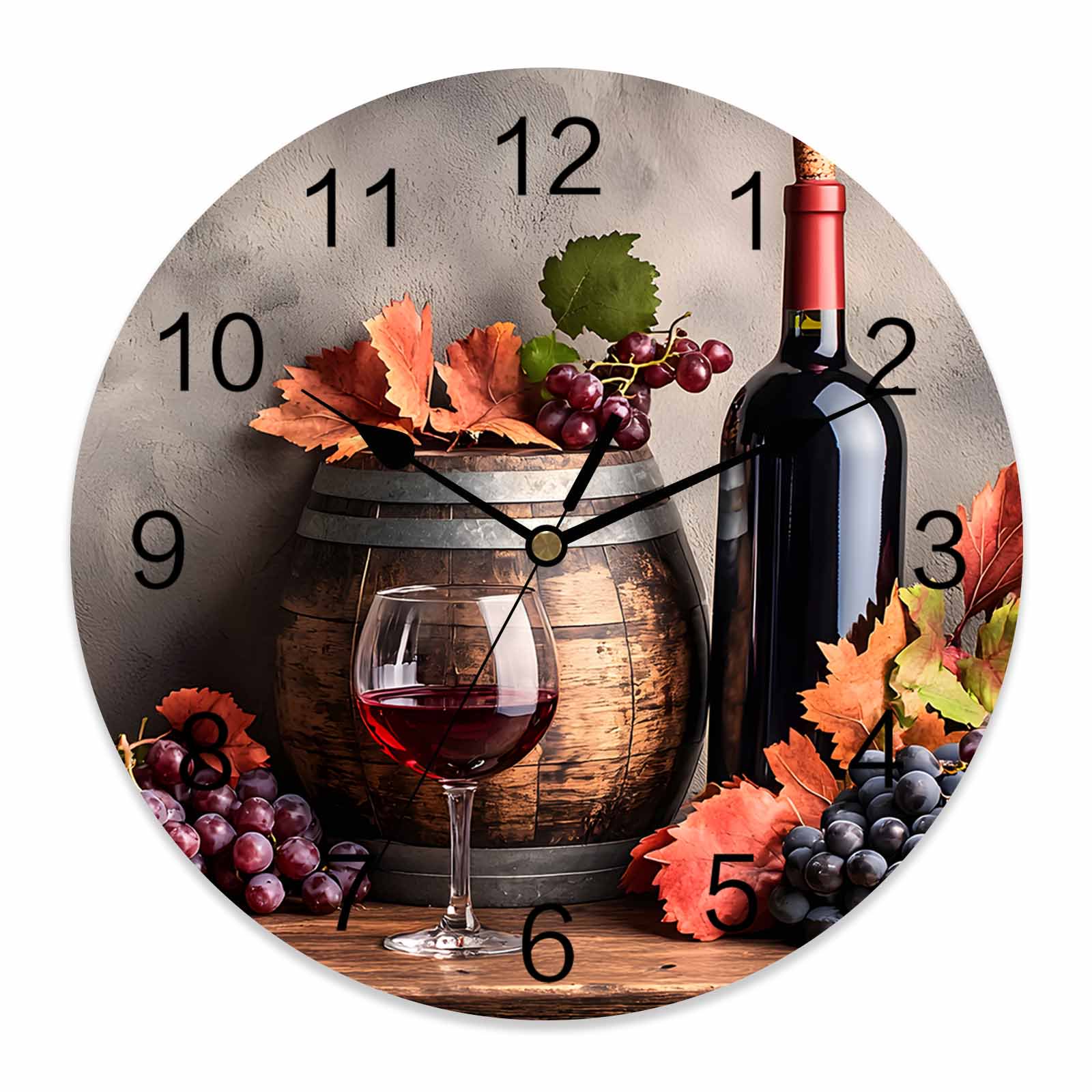 14 Inch Grape Wine Wall Clock, Barrel Maple Leaf Vintage Country Battery Operated Silent Non Ticking Clocks, Easy to Read Round Wall Clock for Kitchen/Living Room/Bedroom/Bathroom