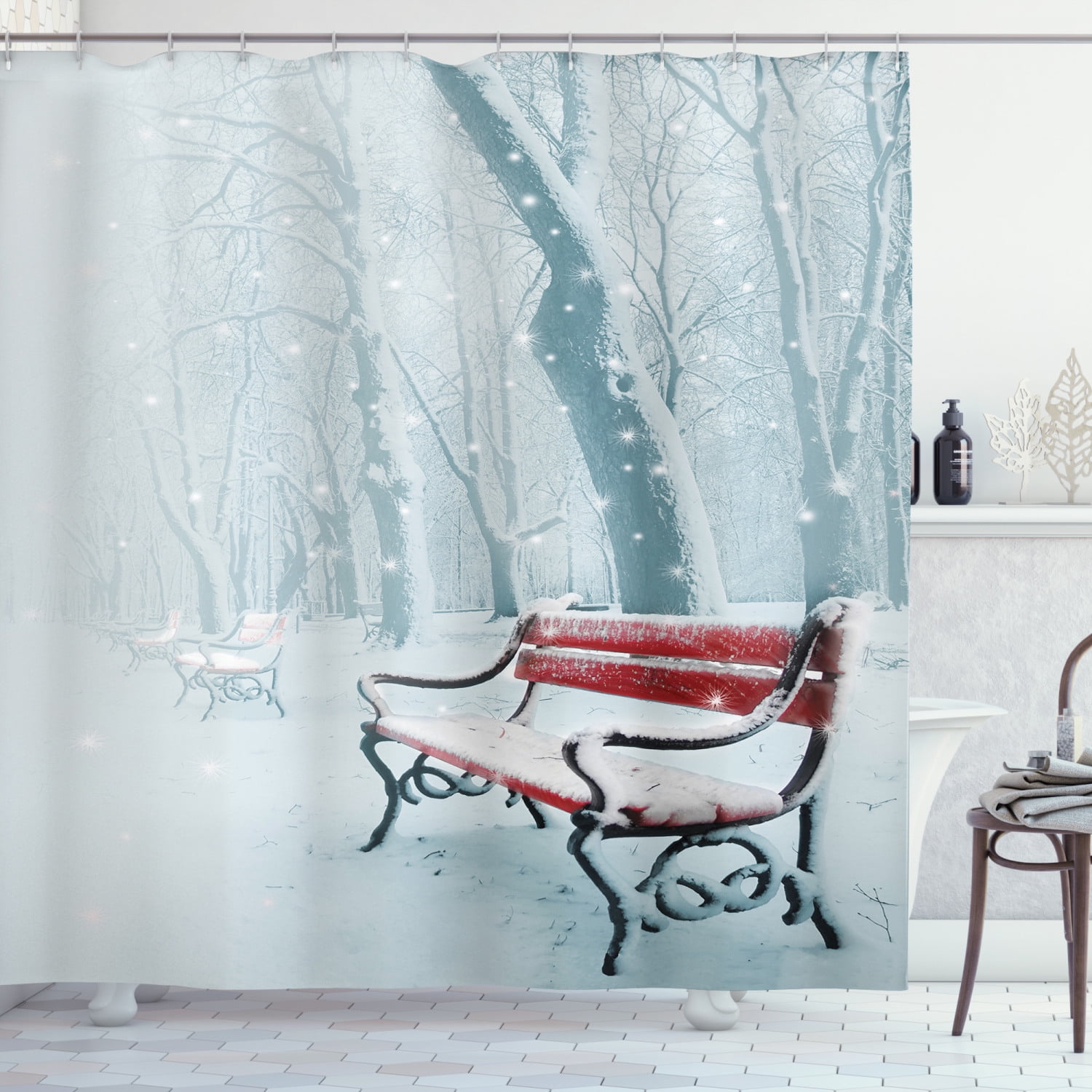 Winter Shower Curtain Set, Row of Iced Red Benches in A Park's Pathway