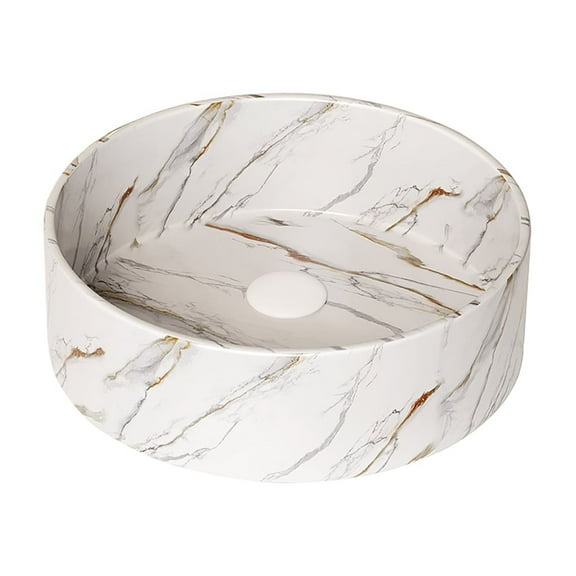 ELESHINE White 14" Round Vessel Ceramic Sink - Glossy White Stone Pattern